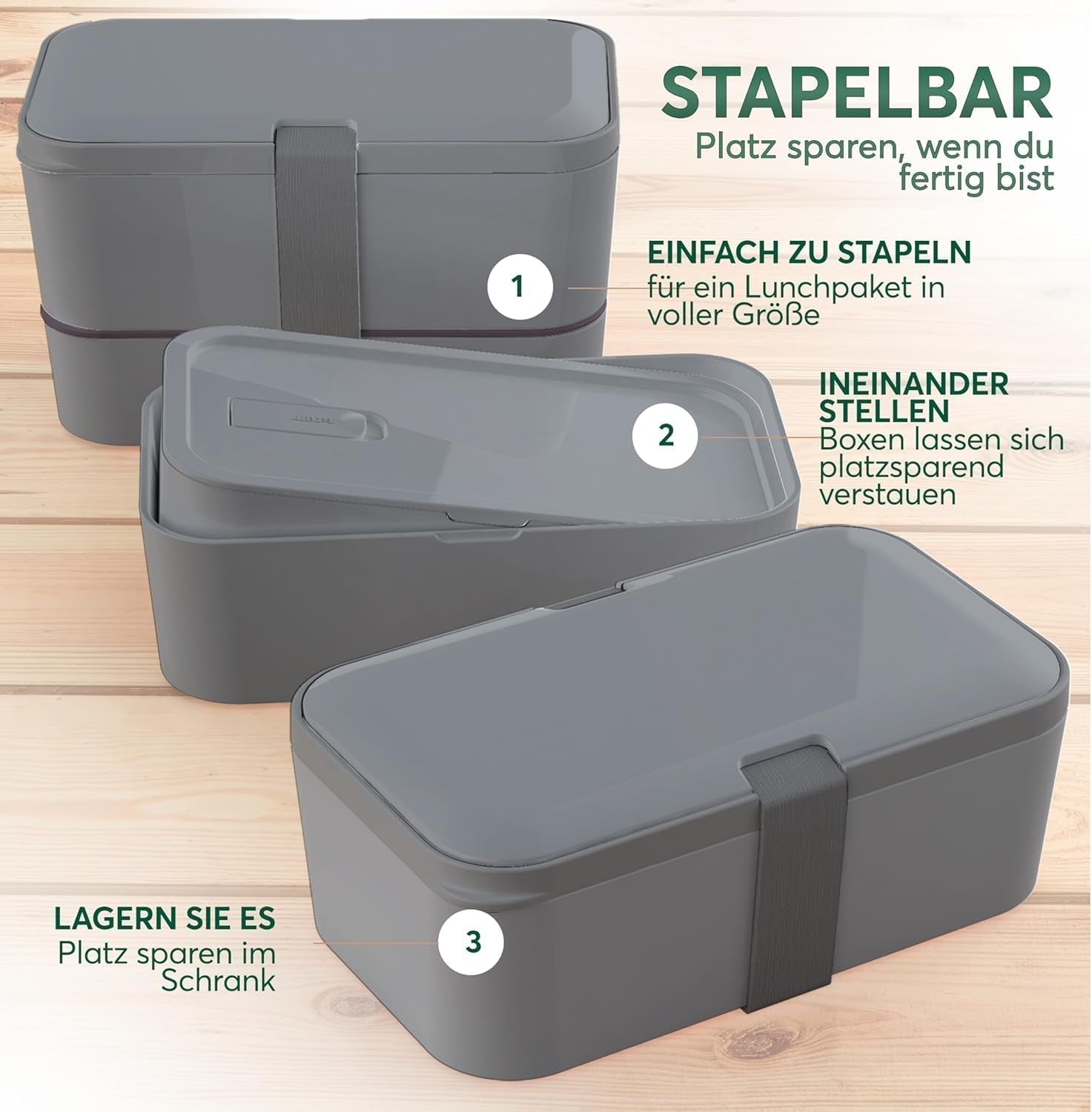 Umami Fiambrera para Adultos, Fiambrera Bento Apilable con 4 Cubiertos y Compartimentos, Fiambrera para Adultos, Contenedor de Ensalada para Llevar, Fiambrera para Picnic/Oficina, Gris Antracita, Cajas de Almacenamiento de Alimentos 1500ml Naty Shop