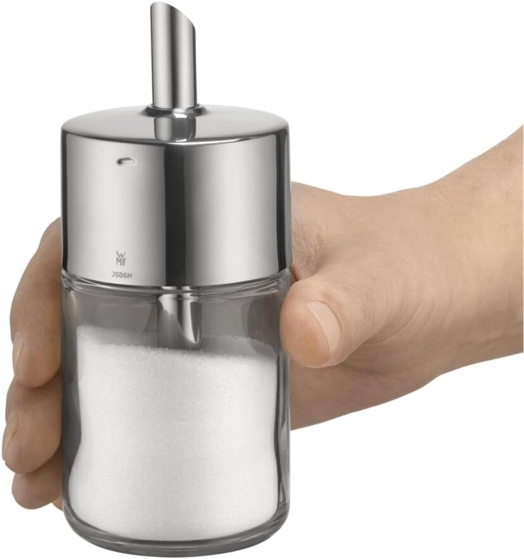 WMF Barista Azucarero 240 g, Vidrio, Dispensador de Azúcar, Acero Inoxidable Cromargan Pulido, Ideal para Azúcar Blanco/Moreno, Cacao o como Especiador