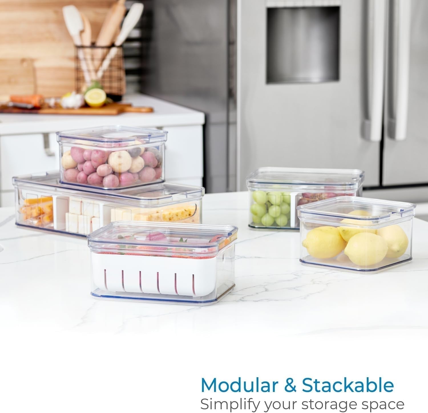 iDesign Cajas de almacenaje para frigorífico, organizador con tapa en juego de 5, cajas de plástico reciclado para organizar consumibles, cajas de almacenaje para alimentos transparentes y blancas Naty Shop