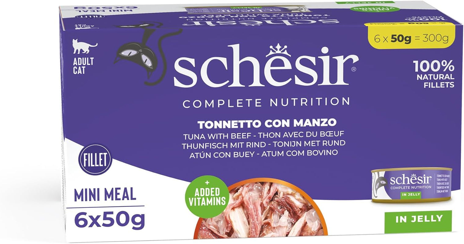 Gelatina para Gatos con Atún y Carne de Res, Comida Húmeda para Gatos en Gelatina, 8 x 6 Latas x 50g