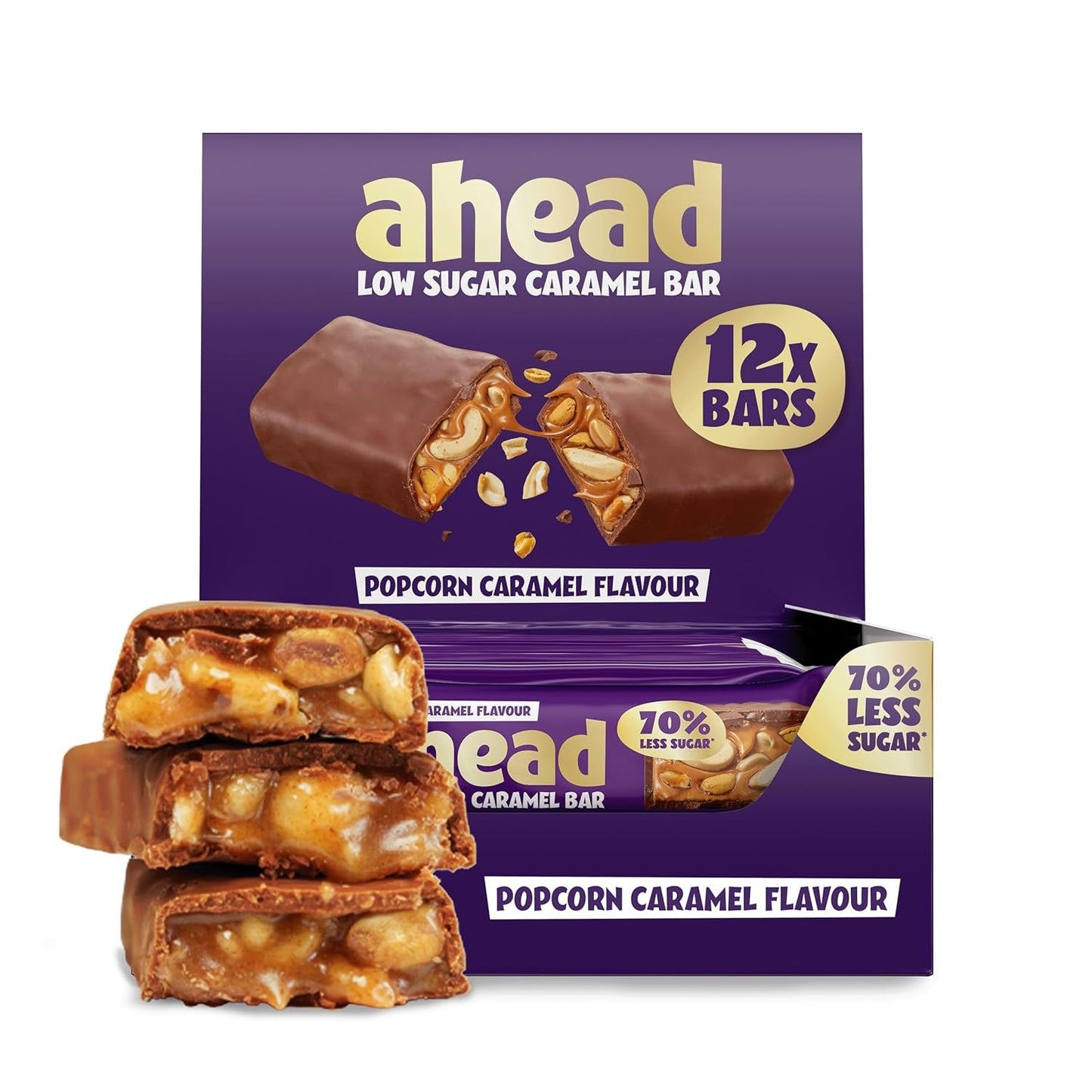Barras de chocolate con caramelo y avellanas por delante | 12 tabletas de chocolate x 35 g sin azúcares añadidos | 1,9 g de azúcar por barra | Crujiente sabor avellana y caramelo | Dulces bajos en carbohidratos | Sin aceite de palma