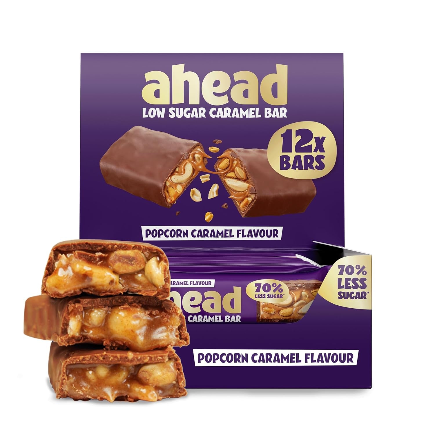 Barras de chocolate con caramelo y avellanas por delante | 12 tabletas de chocolate x 35 g sin azúcares añadidos | 1,9 g de azúcar por barra | Crujiente sabor avellana y caramelo | Dulces bajos en carbohidratos | Sin aceite de palma