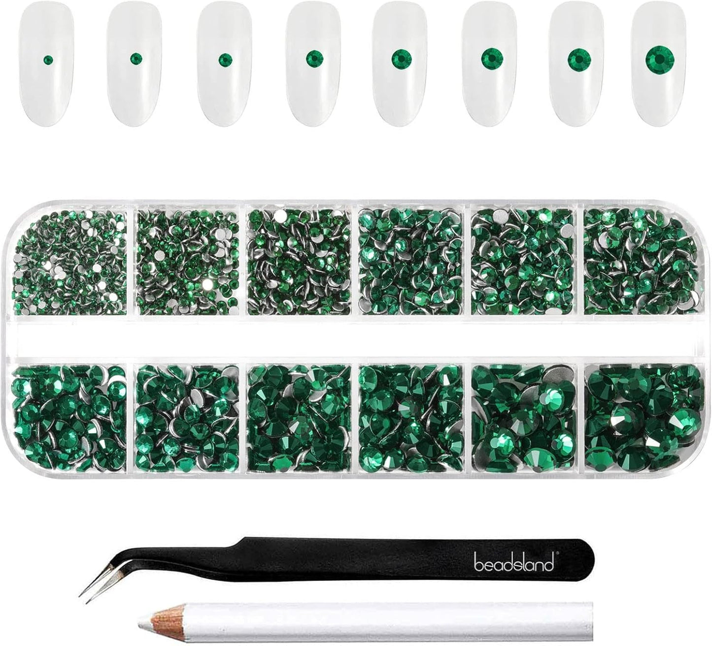 Beadsland 2500 piezas de piedras de cristal para decoración de uñas con parte trasera plana, piedras preciosas para trabajos manuales de 8 tamaños SS4 ~ SS30 con pinzas y puntas (Kristall Weiss)