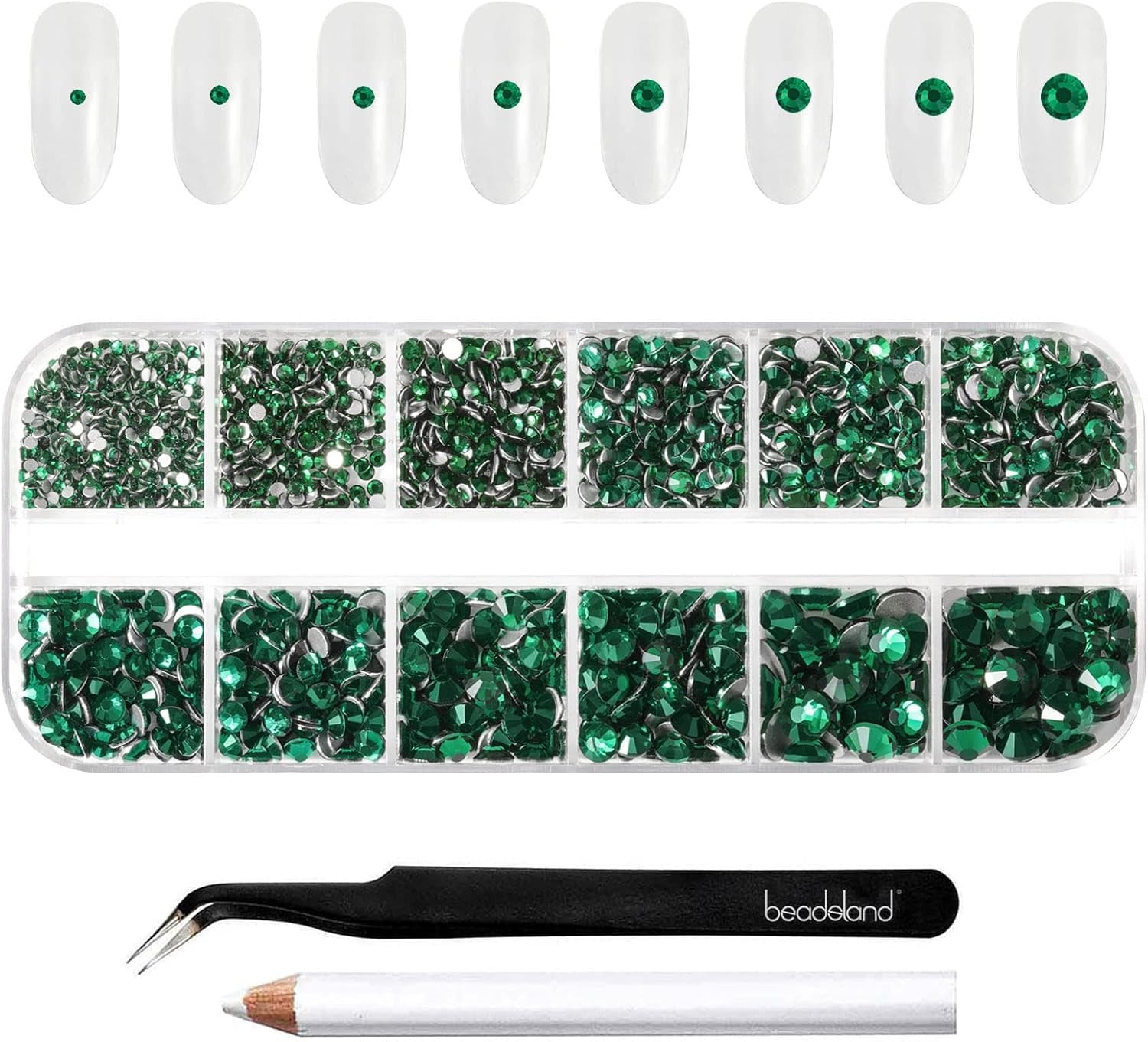 Beadsland 2500 piezas de piedras de cristal para decoración de uñas con parte trasera plana, piedras preciosas para trabajos manuales de 8 tamaños SS4 ~ SS30 con pinzas y puntas (Kristall Weiss)