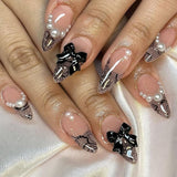 24 Uds. Prensa de almendra blanca sobre uñas francesas con lazos perlas uñas postizas pegamento en puntas de uñas postizas uñas con brillo