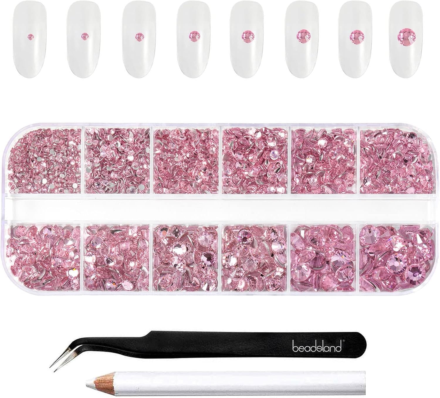 Beadsland 2500 piezas de piedras de cristal para decoración de uñas con parte trasera plana, piedras preciosas para trabajos manuales de 8 tamaños SS4 ~ SS30 con pinzas y puntas (Kristall Weiss)