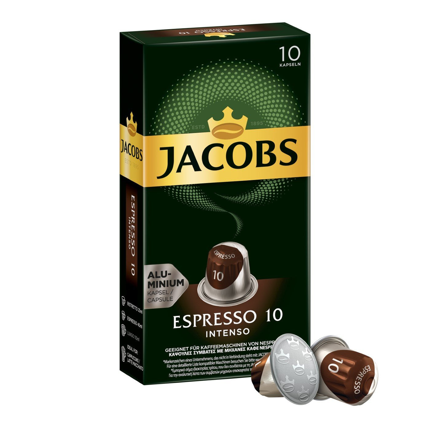 Jacobs Kapseln Lungo Intenso, Intensität 8 & Kapseln Espresso Intenso, Intensität 10,100 Cafeteras compatibles con Nespresso®*, paquete de 10, 10 x 10 unidades