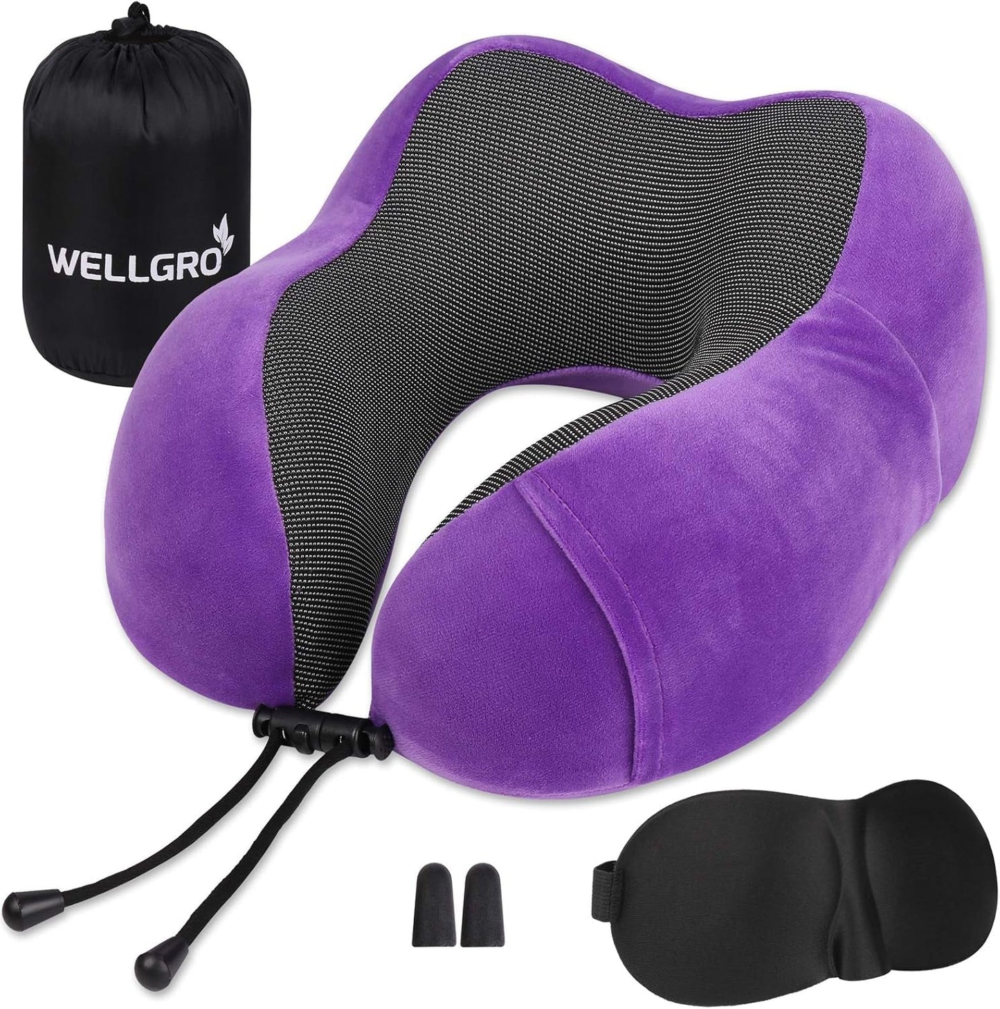 WELLGRO Juego de almohadas cervicales con máscara para dormir 3D y tapones para los oídos - Funda extraíble - Espuma viscoelástica - Cierre de cremallera - Incluye bolsa de almacenamiento - Almohada de viaje - Color seleccionable, Color:Gris Naty Shop Almohadas cervicales ortopédicas moradas