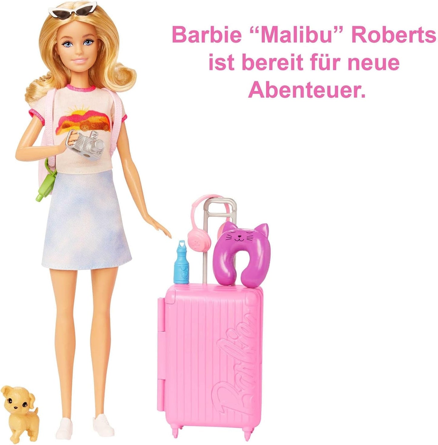 Muñeca Barbie, Barbie de viaje con cabello rubio, más de 10 accesorios de viaje, pegatinas, maleta, cachorro, incluye 1 muñeca, regalo para niños, juguete para mayores de 3 años, HJY18