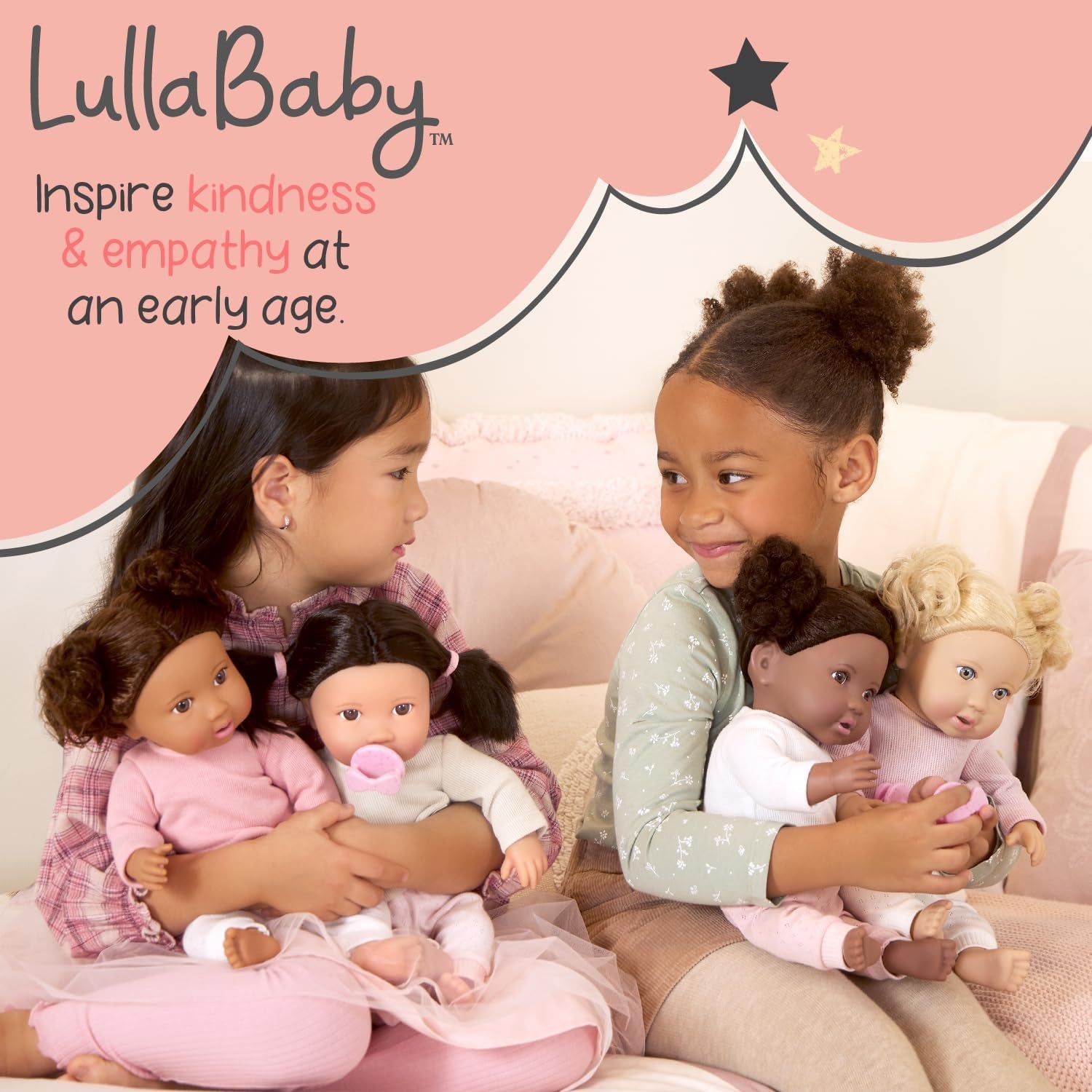 LullaBaby - Baby Puppen Laufstall - Faltbarer Puppen Laufstall en Rosa - Goldener Stern - Druckdesign - 36 cm Baby Puppe Kinderzimmer Zubehör - Vorgetäuschtes Spiel - Spielzeug für Kinder ab 2 Jahren