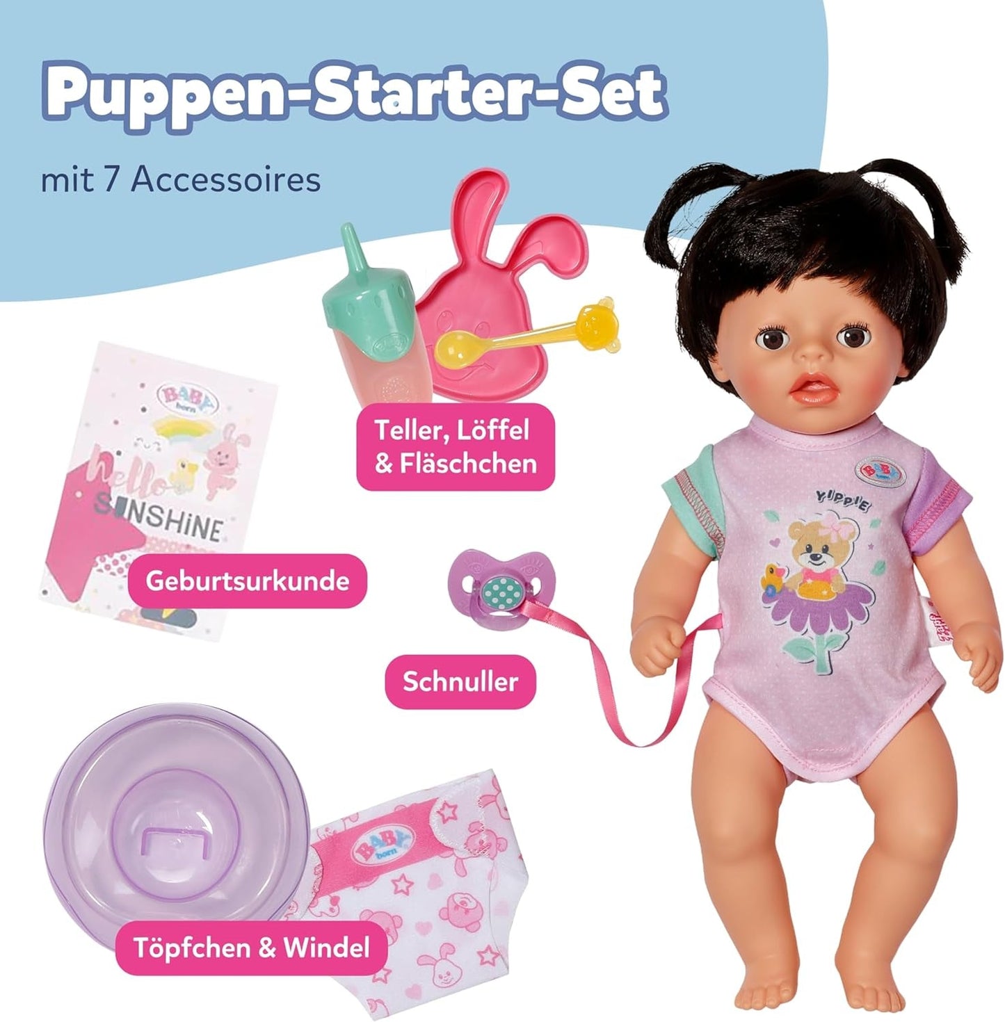 BABY Born Amy - Muñeca 36 cm - Muñeco bebé con 7 funciones para niños a partir de 1 año - Funciona sin pilas - Incluye accesorios y colchón