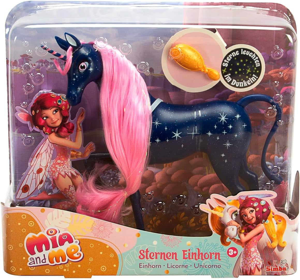 Simba 109483043 - Unicornio estrellado Mia and Me de 25 cm, caballo de juguete con estrellas que brillan en la oscuridad en el cuerpo y cepillo para el cabello, a partir de 3 años