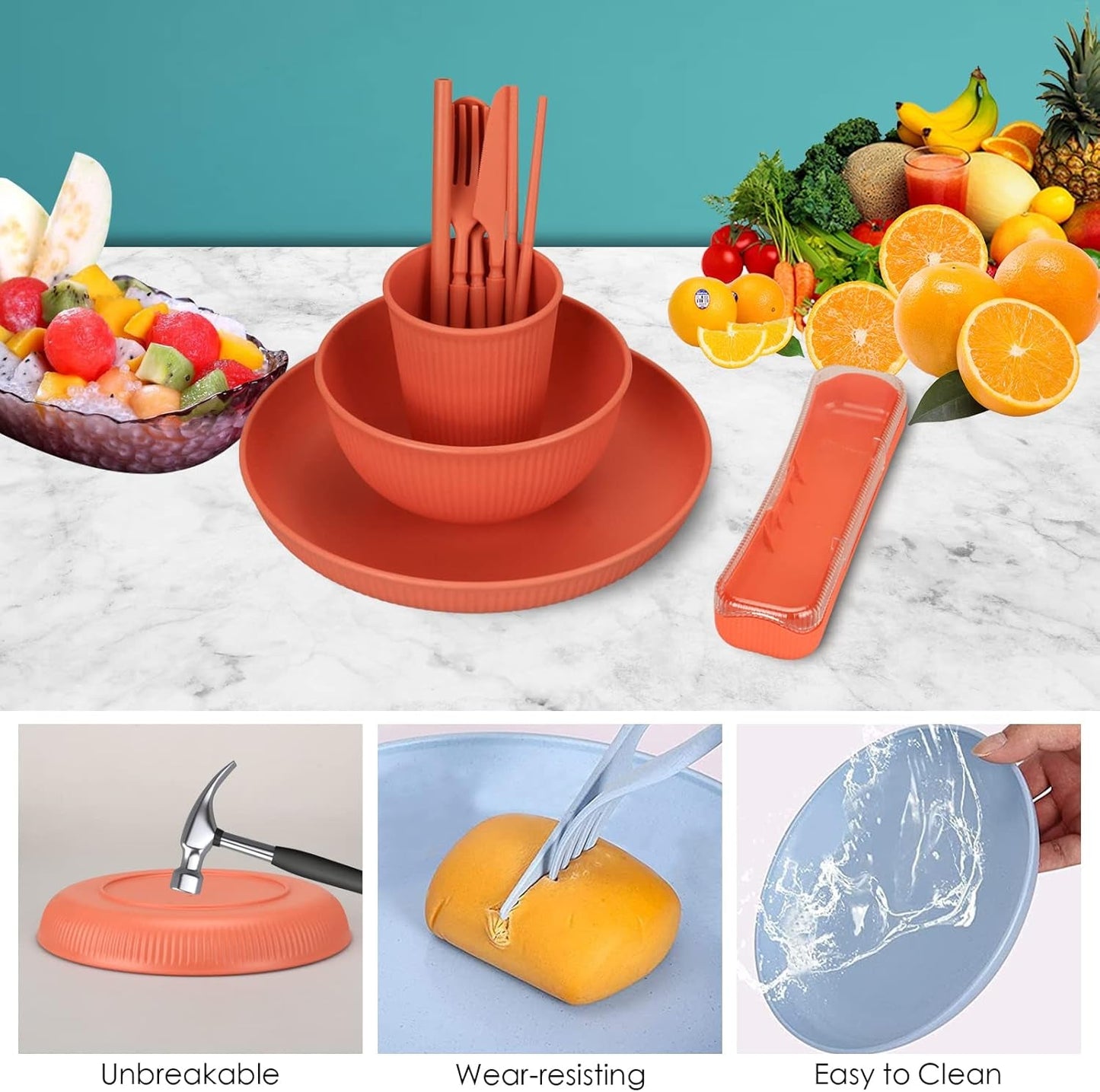 Juego de cubiertos indestructibles para 6 personas Juego de cubiertos para camping 66 piezas Juegos de cubiertos de plástico para picnic Juego de cubiertos de cuencos y platos de plástico para barbacoa de colores ligeros