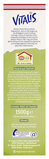 Dr. Oetker Vitalis Classic Crispy Muesli: paquete grande de muesli crujiente para el desayuno con pasas, 1 paquete, 1,5 kg