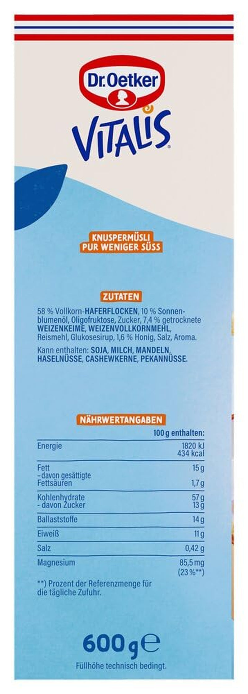 Dr. Oetker Vitalis Less Sweet Crunchy Pure: muesli crujiente con un 30 % menos de azúcar, paquete de 5 (5 x 600 g)