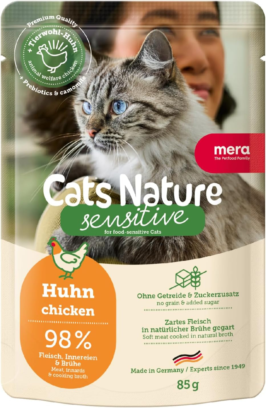 Comida húmeda para gatos MERA Cats Nature Sensitive con pollo 12x85g | Monoproteína, sin azúcar y sin cereales | Comida húmeda para gatos con alto contenido en carne y de fácil digestión
