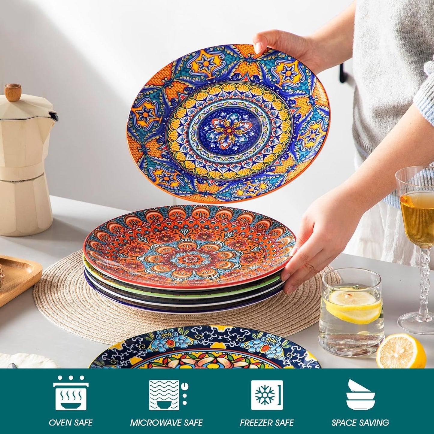 Juego de platos llanos para 6 personas, juego de platos vancasso KRVI para 6 personas, juego de platos Ø 27 cm, apto para lavavajillas y microondas, platos de pasta, platos de desayuno, platos para tartas