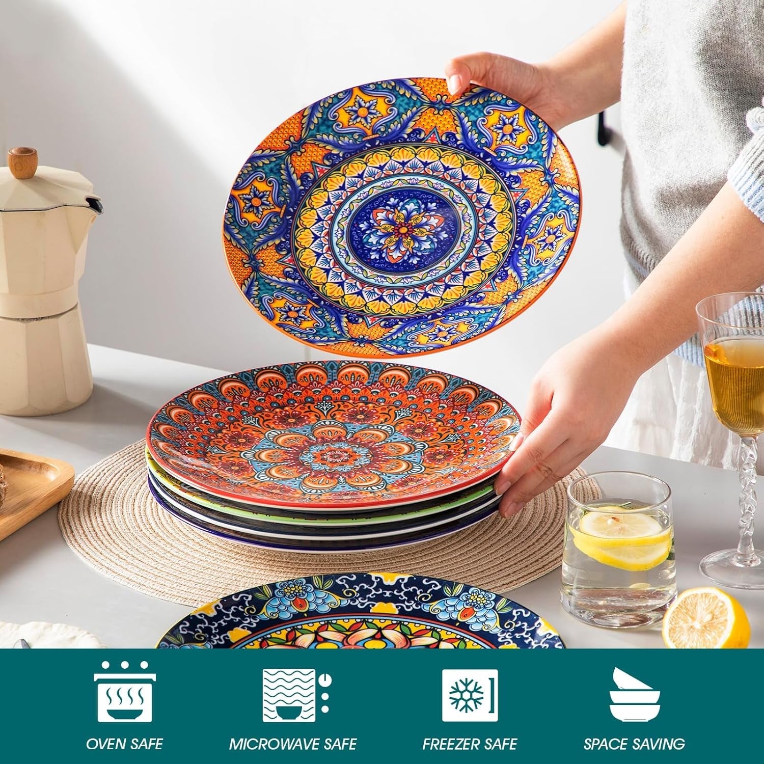 Juego de platos llanos para 6 personas, juego de platos vancasso KRVI para 6 personas, juego de platos Ø 27 cm, apto para lavavajillas y microondas, platos de pasta, platos de desayuno, platos para tartas