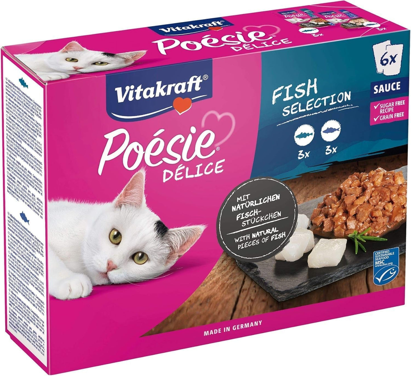 Vitakraft Poésie Délice, Selección de Pescado, Nassfutter Katze, Katzennassfutter en Salsa, mit Seelachs, mit Kabeljau, ohne Zusatz von Zucker und Getreide (1 paquete con 6 x 85 g)