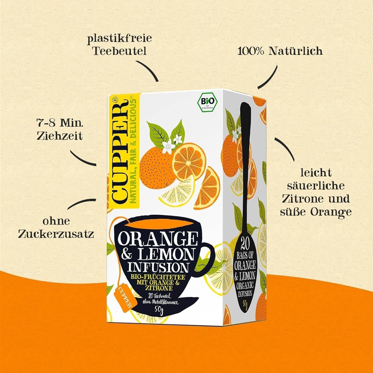 CUPPER Té de frutas orgánico "Infusión de naranja y limón", 20 bolsitas de té sin blanquear, orgánico, comercio justo