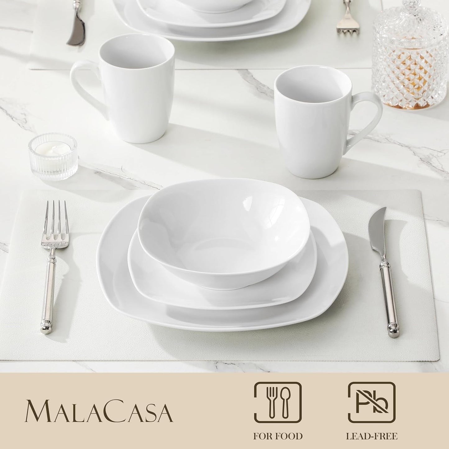 MALACASA Vajilla para 4, Vajilla de Porcelana Blanca de 16 Piezas, Vajilla Moderna con 4 Platos Llanos, Platos de Postre, Platos y Tazas Suma, Serie ELISA