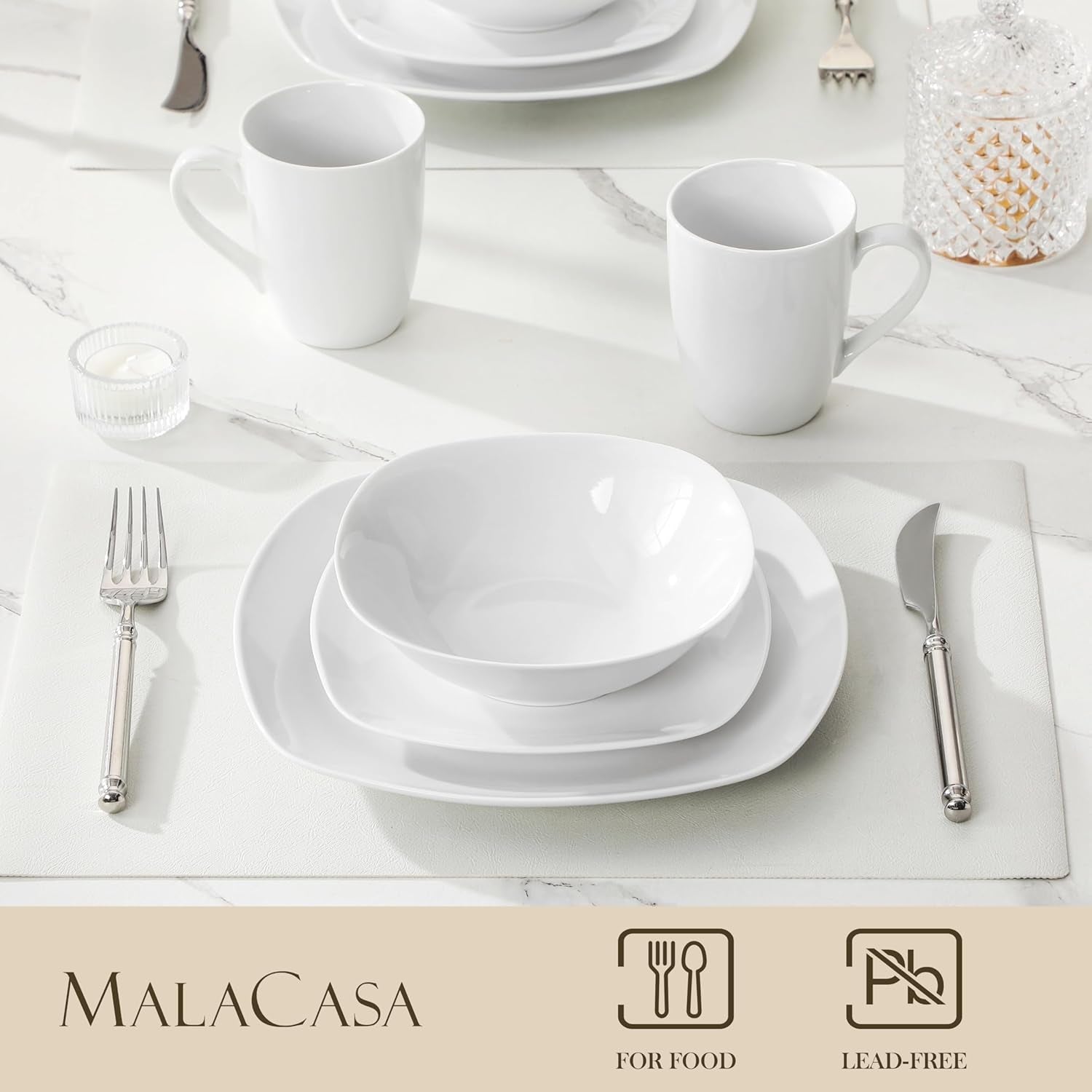 MALACASA Vajilla para 4, Vajilla de Porcelana Blanca de 16 Piezas, Vajilla Moderna con 4 Platos Llanos, Platos de Postre, Platos y Tazas Suma, Serie ELISA