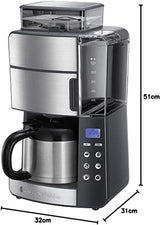 Cafetera Russell Hobbs con Molinillo y Jarra Térmica [Temporizador Digital, Cabezal de Ducha para una Extracción y Aroma Óptimo] Grind&Brew (1-10 Tazas, 3 Configuraciones de Molido) Cafetera de Filtro 25620-56