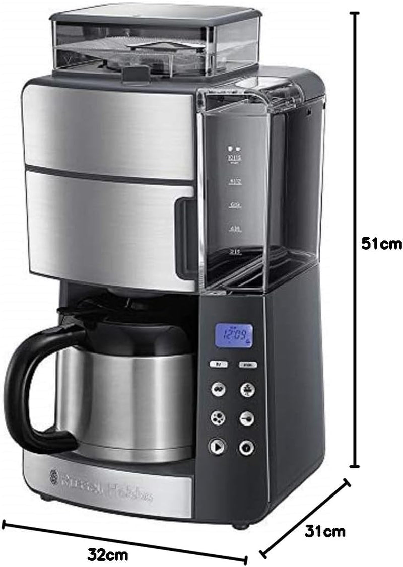 Cafetera Russell Hobbs con Molinillo y Jarra Térmica [Temporizador Digital, Cabezal de Ducha para una Extracción y Aroma Óptimo] Grind&Brew (1-10 Tazas, 3 Configuraciones de Molido) Cafetera de Filtro 25620-56