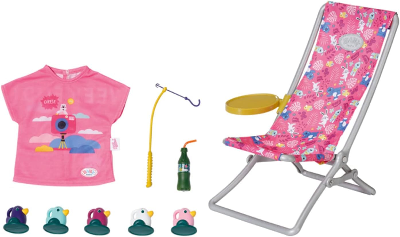 BABY born 832790 Weekend Fishing - Juego de accesorios para muñeca de pesca con tumbona, mesa auxiliar, vaso, cesta, patitos y caña de pescar y camiseta larga rosa, rosa
