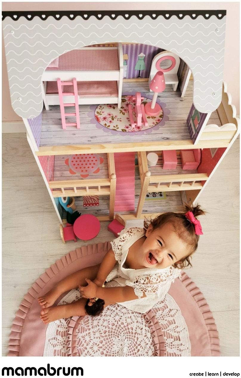 A405 Casa de Muñecas con Luz LED - Juego de 3 Pisos y Muebles - Casa de Juegos de Madera Incluye Accesorios: Cocina, Baño, Dormitorio - Regalo para Niñas de 3 años en adelante Casas de Muñecas Naty Shop