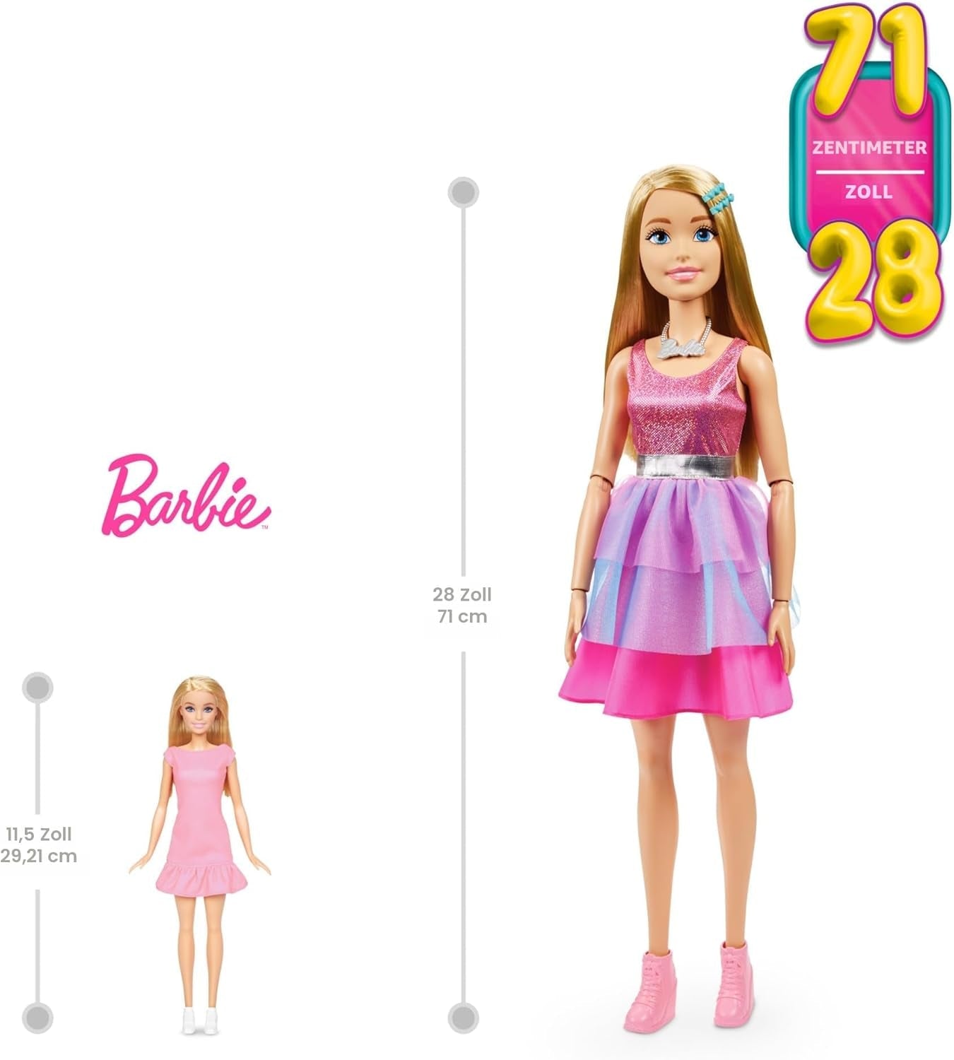 Muñeca Barbie extragrande (71 cm) - Vestido rosa, pelo rubio con clip y collar, regalo a partir de 3 años, HJY02