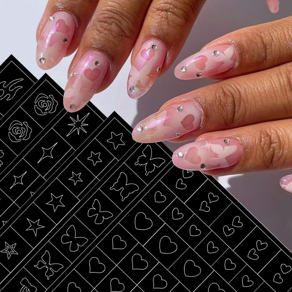 6 hojas de pegatinas de uñas con plantilla de aerógrafo, mariposa, llama, estrellas, corazón, estrellas, pegatinas de uñas, herramienta de plantilla de impresión, pegatinas autoadhesivas para mujeres, pegatinas de diseño de arte de uñas