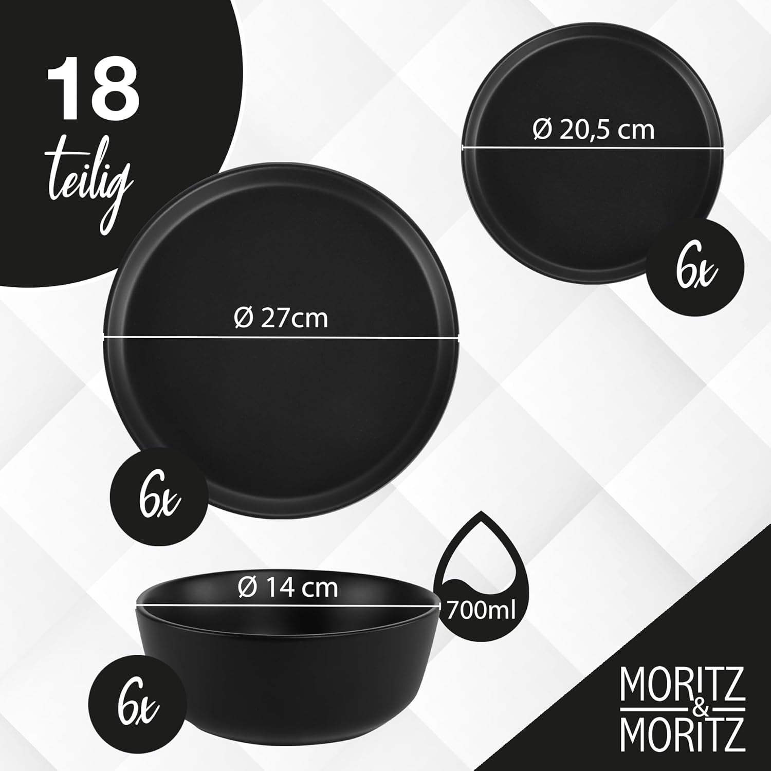 Moritz & Moritz Vajilla NORDIC para 6 personas - Vajilla de gres negro de 18 piezas - Diseño escandinavo - Vajilla robusta para 6 personas para uso diario e invitados - Vajilla combinada