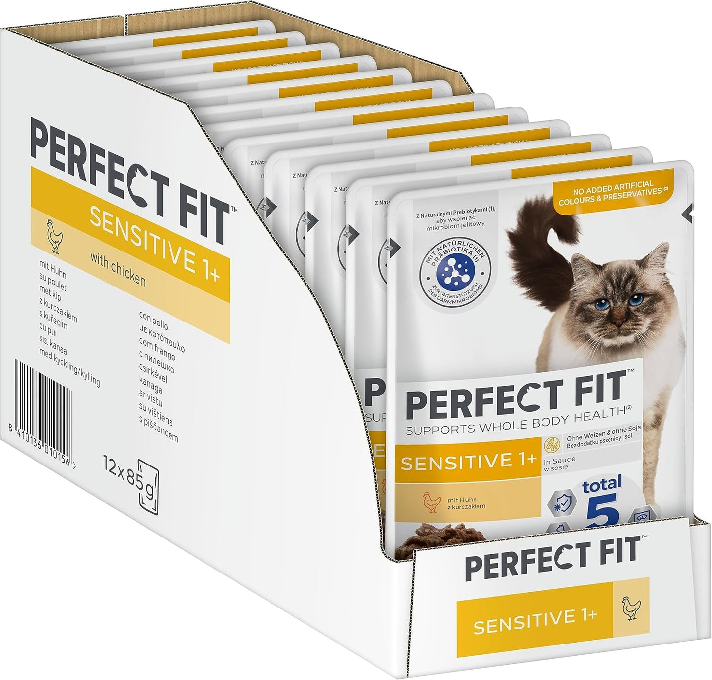 Comida húmeda para gatos Perfect Fit Sensitive 1+ con pollo en salsa, 12 sobres, 12 x 85 g - Comida húmeda premium para gatos sensibles a partir de 1 año, sin trigo ni soja, para favorecer la digestión