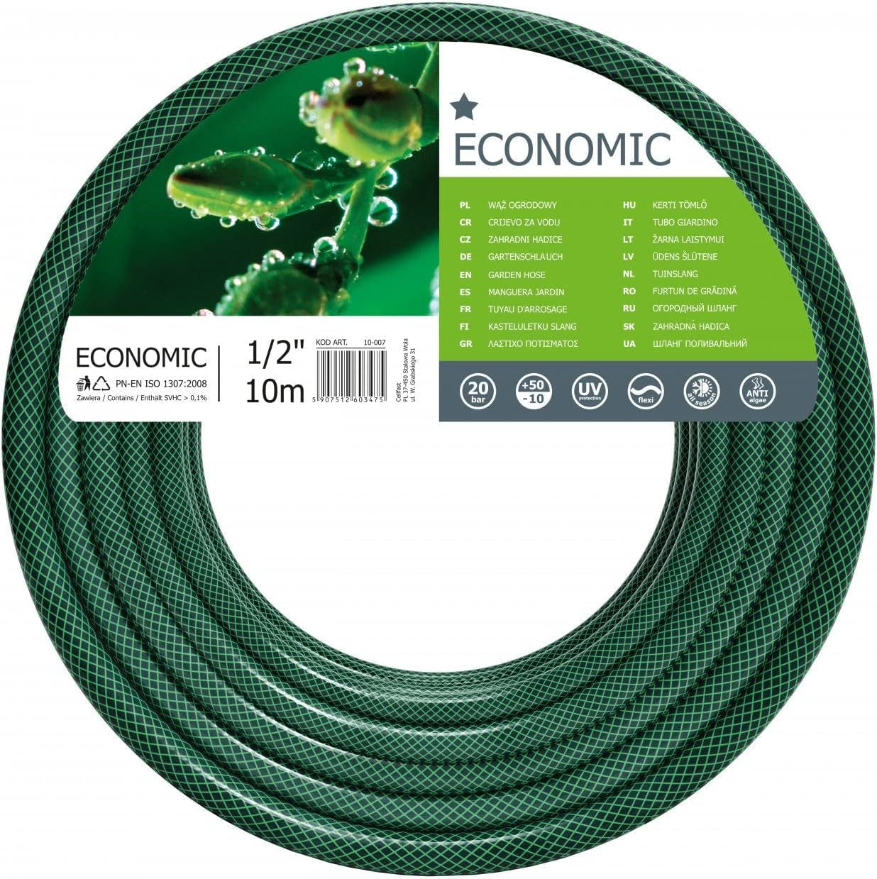 CELLFAST Manguera de Jardín, Manguera de Agua de Poliéster de Tejido Cruzado de 3 Capas para Jardín, Manguera de Riego Flexible, Resistente a los Rayos UV, Antialgas, 2 Bar, 1/2 Pulgada, 10 Metros, Económica