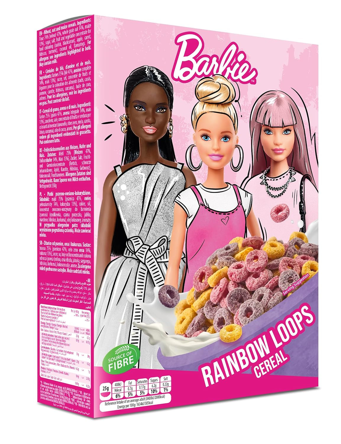Cereal Barbie Rainbow Loops, coloridos aros de trigo, avena y maíz con sabor a frutas para el desayuno perfecto, 1 paquete (1 x 350 g)