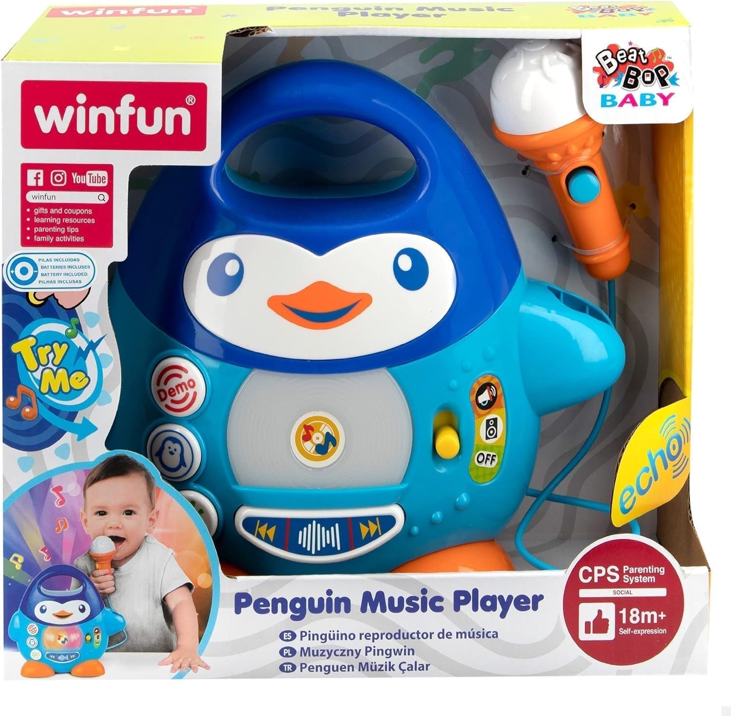 Reproductor de música karaoke WinFun, diseño pingüino, con luces intermitentes y efectos de eco, en color azul, estilo juguetón, conexión USB Juguetes Bebé Naty Shop