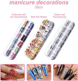 Juego de pegatinas y accesorios para uñas, 5 pegatinas para uñas, cepillo, piedras, cinta decorativa, lámina dorada, perfecto para manicura y uñas de gel, juego de 50 piezas