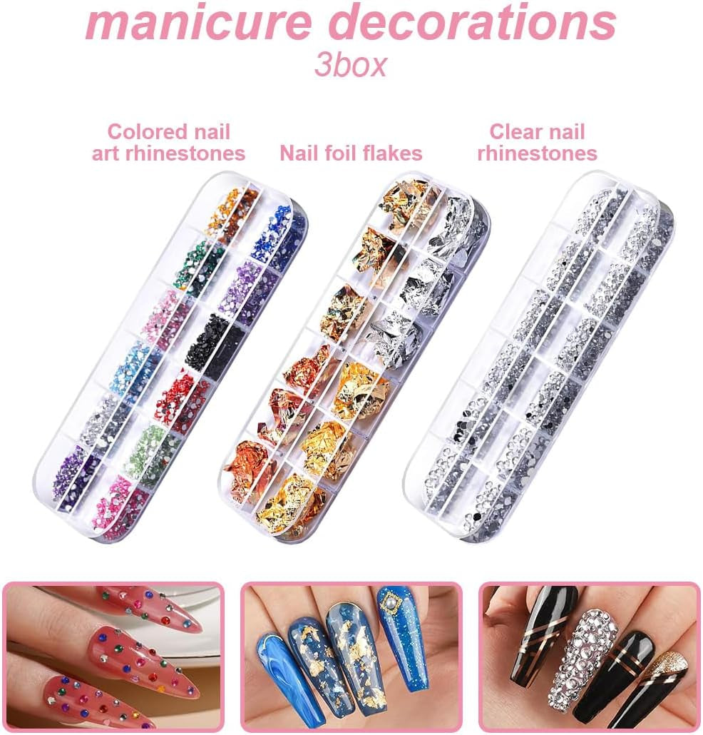 Juego de pegatinas y accesorios para uñas, 5 pegatinas para uñas, cepillo, piedras, cinta decorativa, lámina dorada, perfecto para manicura y uñas de gel, juego de 50 piezas