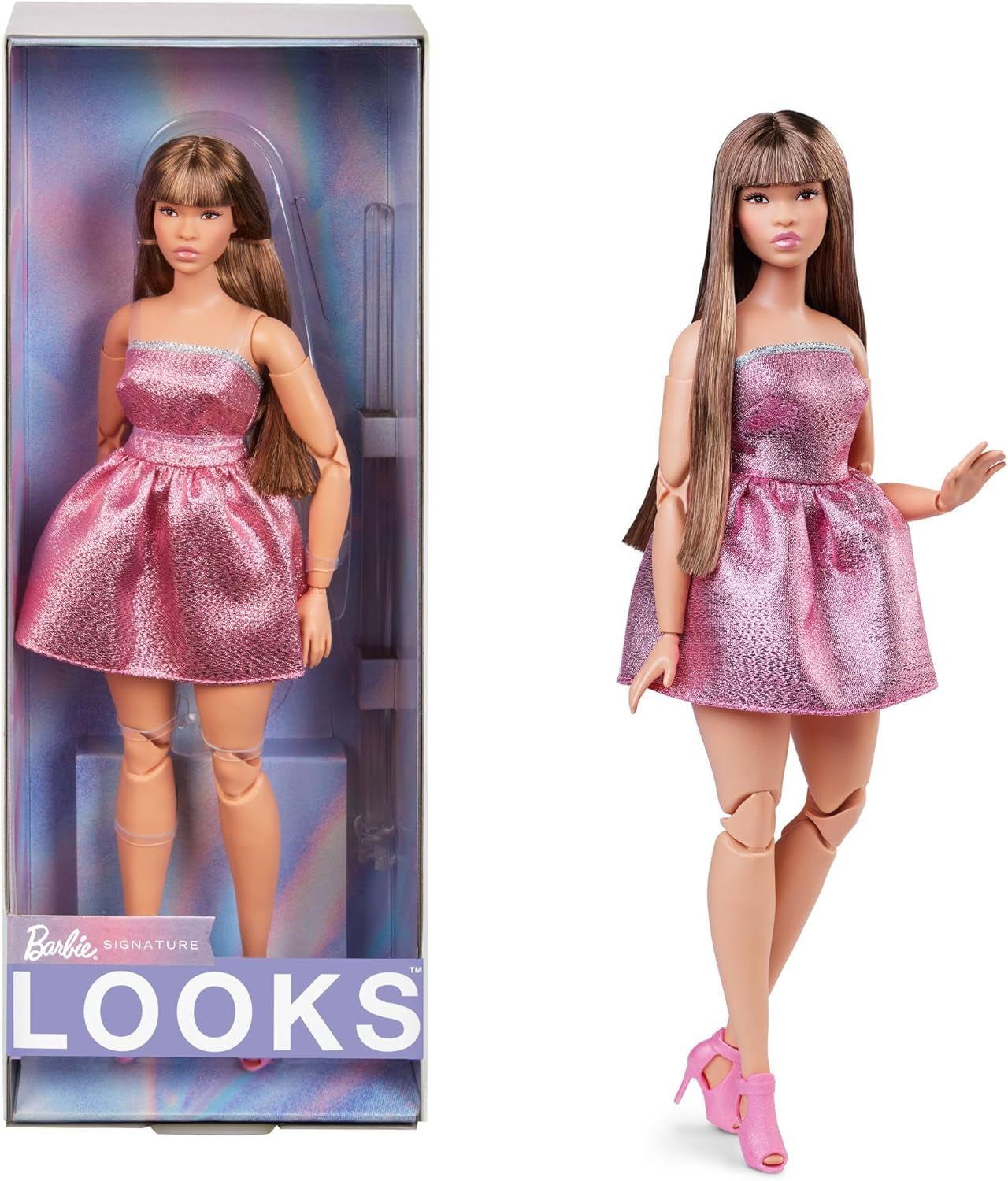 Muñeca Barbie Looks, figura coleccionable núm. 24 con cabello castaño y moda moderna Y2K, vestido brillante sin tirantes con tacones altos abiertos, HRM16 Naty Shop Dolls Título predeterminado