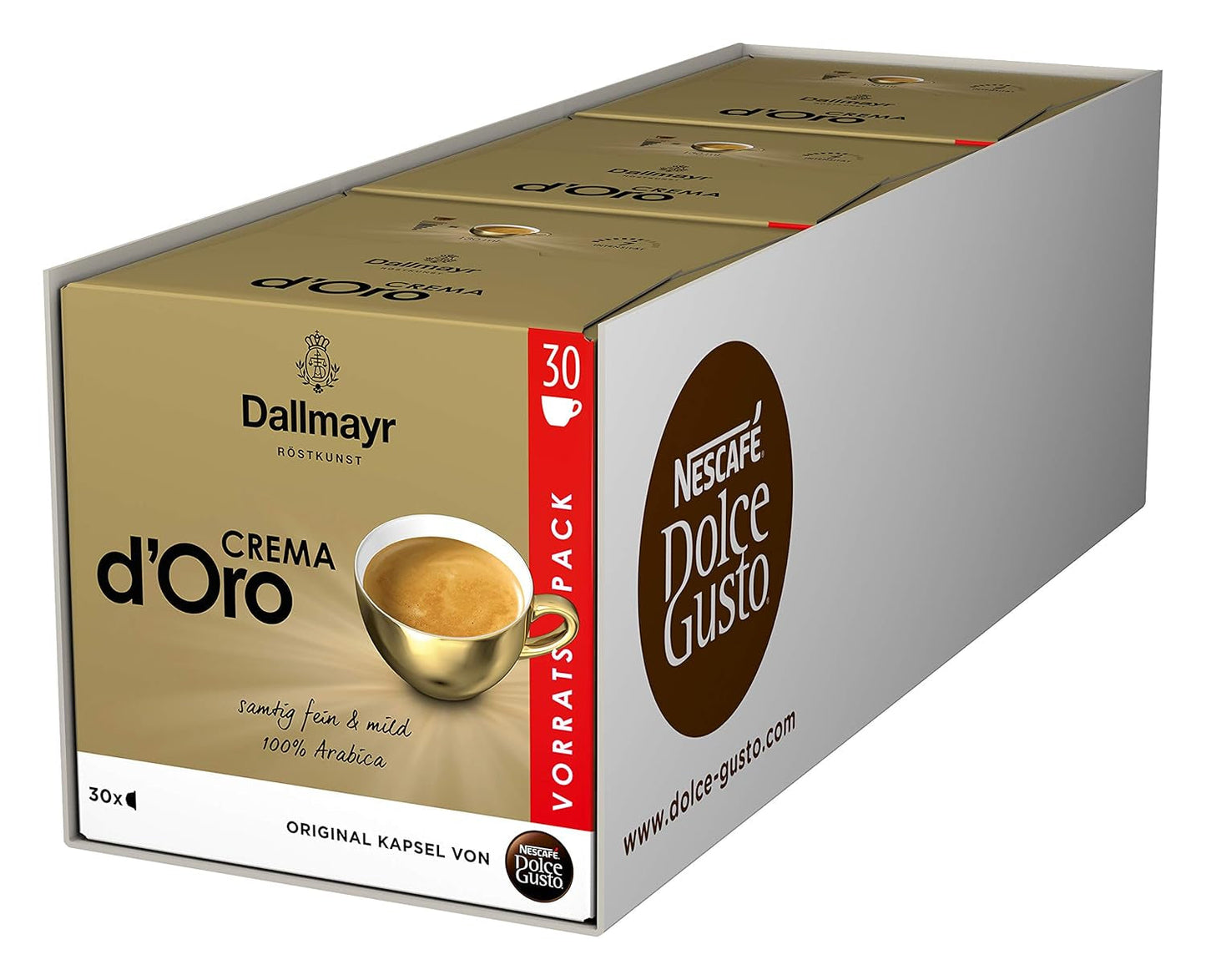 Dallmayr Crema d´Oro, XXL-Vorratsbox & Dallmayr Crema d´Oro intensa (48 Kaffeekapseln, Intensität 9 von 12, 100% Arábica-Bohnen), paquete de 3 (3x16 Kapseln)