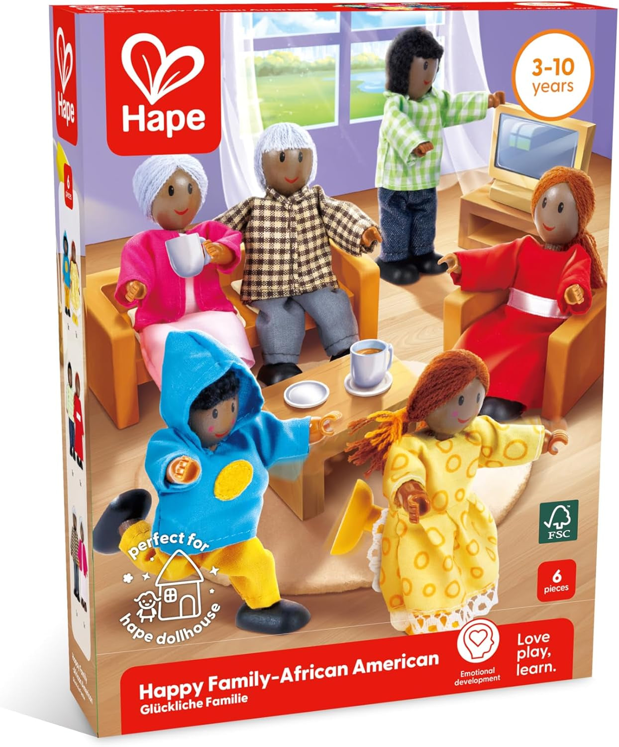 Hape Doll Family - Juego de accesorios para casa de muñecas de cuero oscuro de 6 piezas con figuras de madera y tela, juego de simulación, juguete educativo, juguete de aprendizaje interactivo para niños de 3 años en adelante