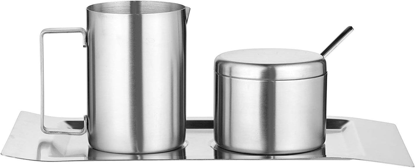 Juego de 4 recipientes para leche y azúcar, modelo Wave, 400-1655, fabricados en acero inoxidable 18/10 cepillado. El set consta de una bandeja de cada uno.