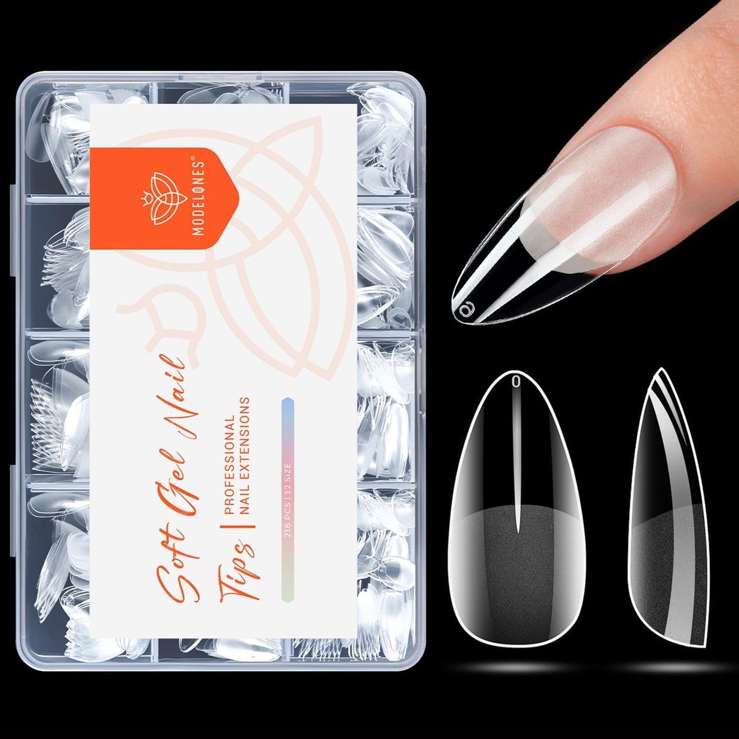 Modelones Puntas de Uñas 216 Piezas - Juego de Puntas de Uñas de Cobertura Completa, Juego de Puntas de Gel Suave, Puntas de Uñas de Resina PMMA Prepulido, Pegamento DIY en Uñas Artificiales, Almendras Cortas XS
