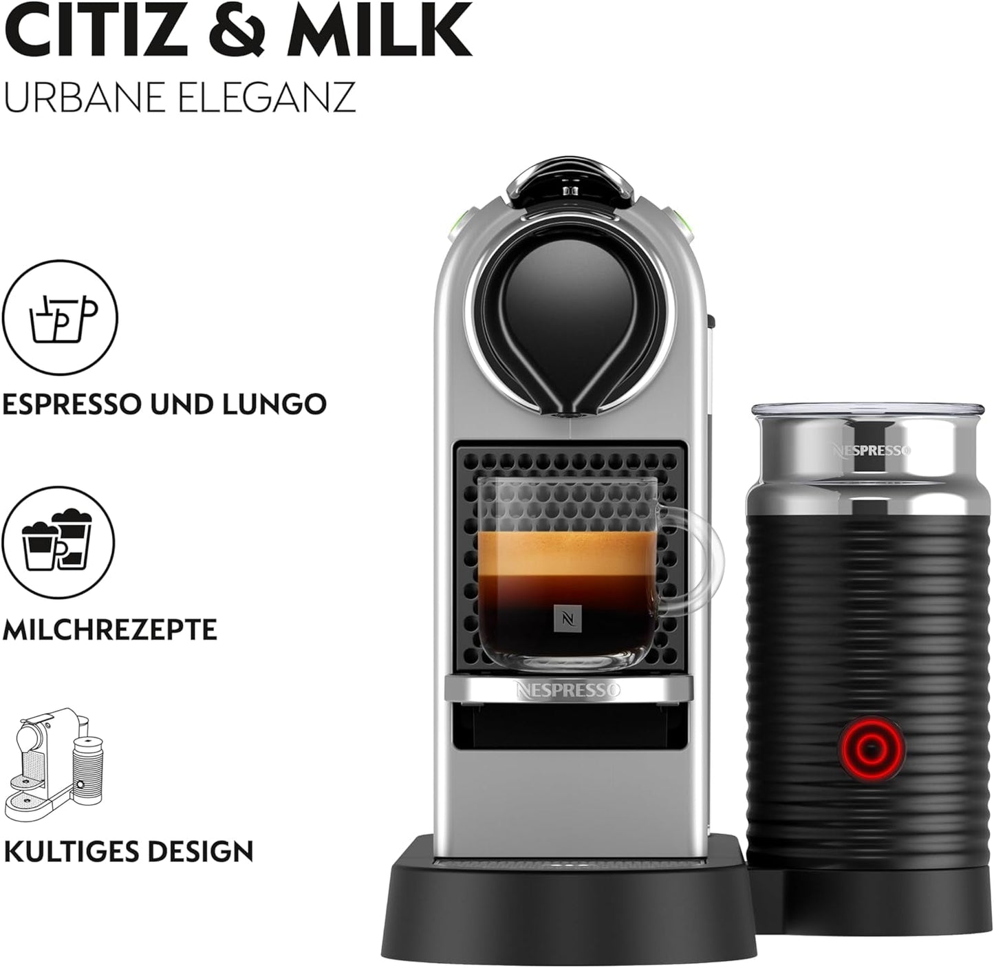Cafetera espresso con cápsulas Nespresso XN761B Citiz&Milk | Modo de espera automático | 1260 vatios | Capacidad del depósito de agua: 1 l | Presión de la bomba: 19 bares | Plata