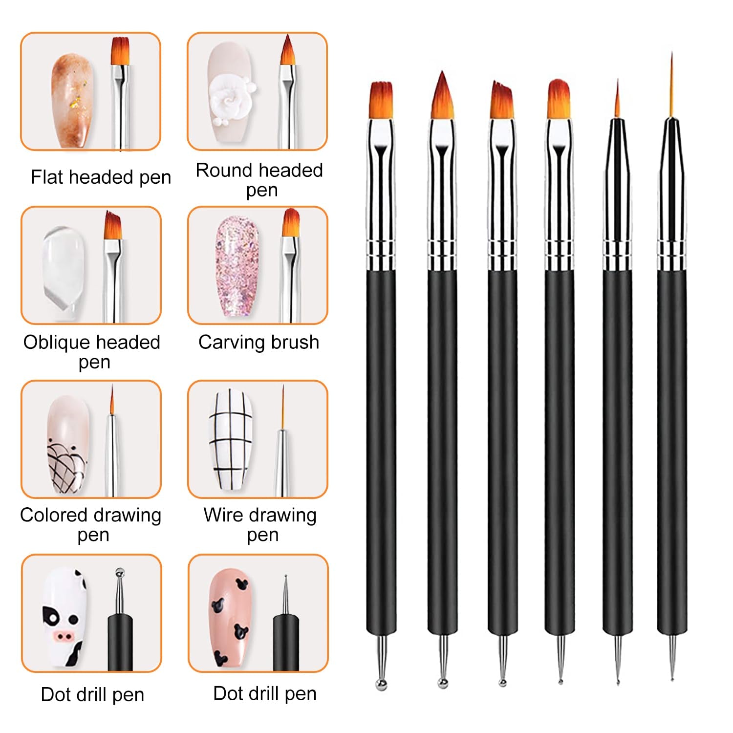 6 Stück Doppel-Ende Nagel Pinsel, Nageldesign Pinsel, Doppel-Ende Nail Art Pinsel Kit Professionelle Maniküre Werkzeuge Kit (Negro)