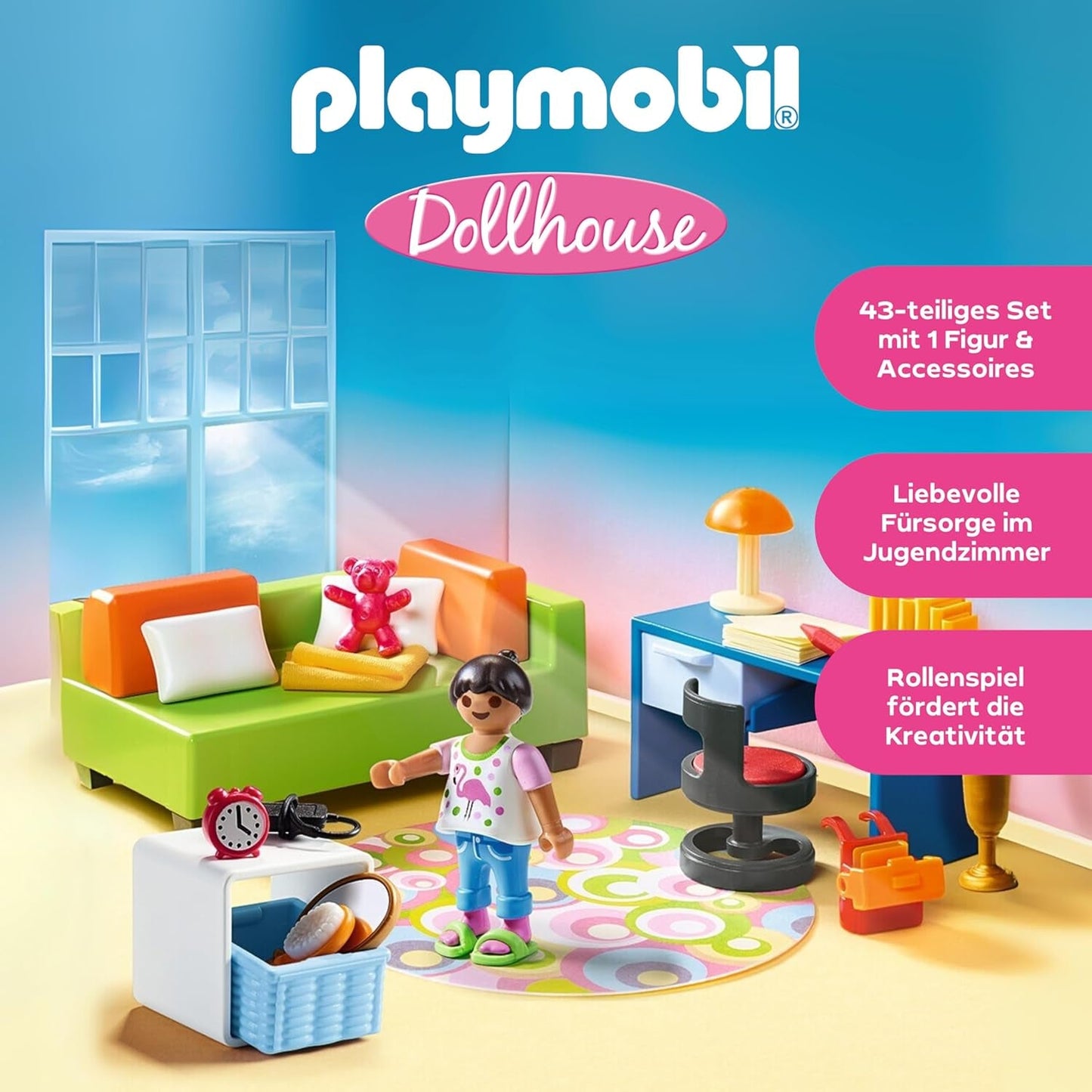 PLAYMOBIL Dollhouse 70209 Habitación juvenil con figura de niña y accesorios, a partir de 4 años