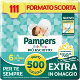 Pampers Baby Dry XL Talla 6 (15-30 kg), 111 pañales + 500 puntos de abrazo extra gratis