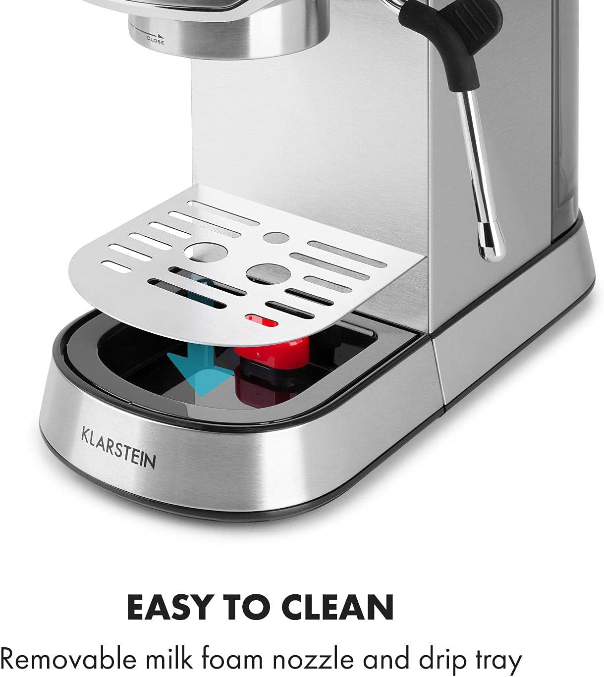 Klarstein Futura Cafetera espresso, Cafetera espresso portátil con filtro, 1450 W, 20 bar, Calidad barista, Doble boquilla, Parada de flujo, Cafetera espresso portátil con filtro, Función espumador de leche, Plata