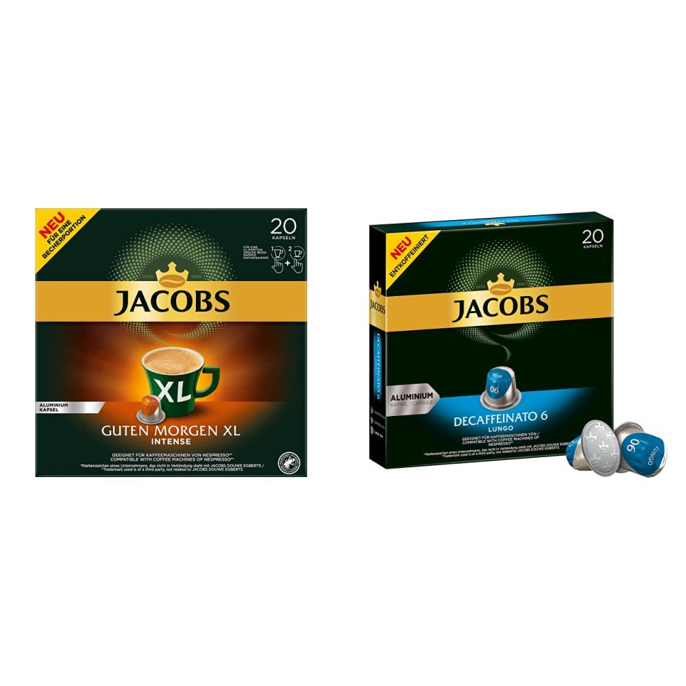 Jacobs Kaffeekapseln Guten Morgen XL Intense - Paquete de 10 (10 x 20 Getränke) & Kaffeekapseln Lungo Decaffeinato- Intensität 6- 200 Kapseln compatibles con Nespresso, paquete de 10er, 10 x 20 Getränke